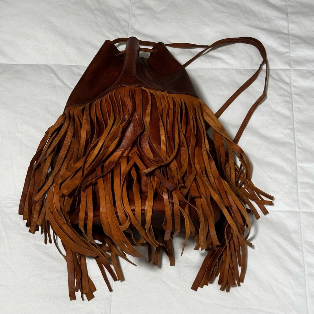 RARE!!! Genuine Full-Grain Leather Fringe Bucket bag/Drawstring Festival bag